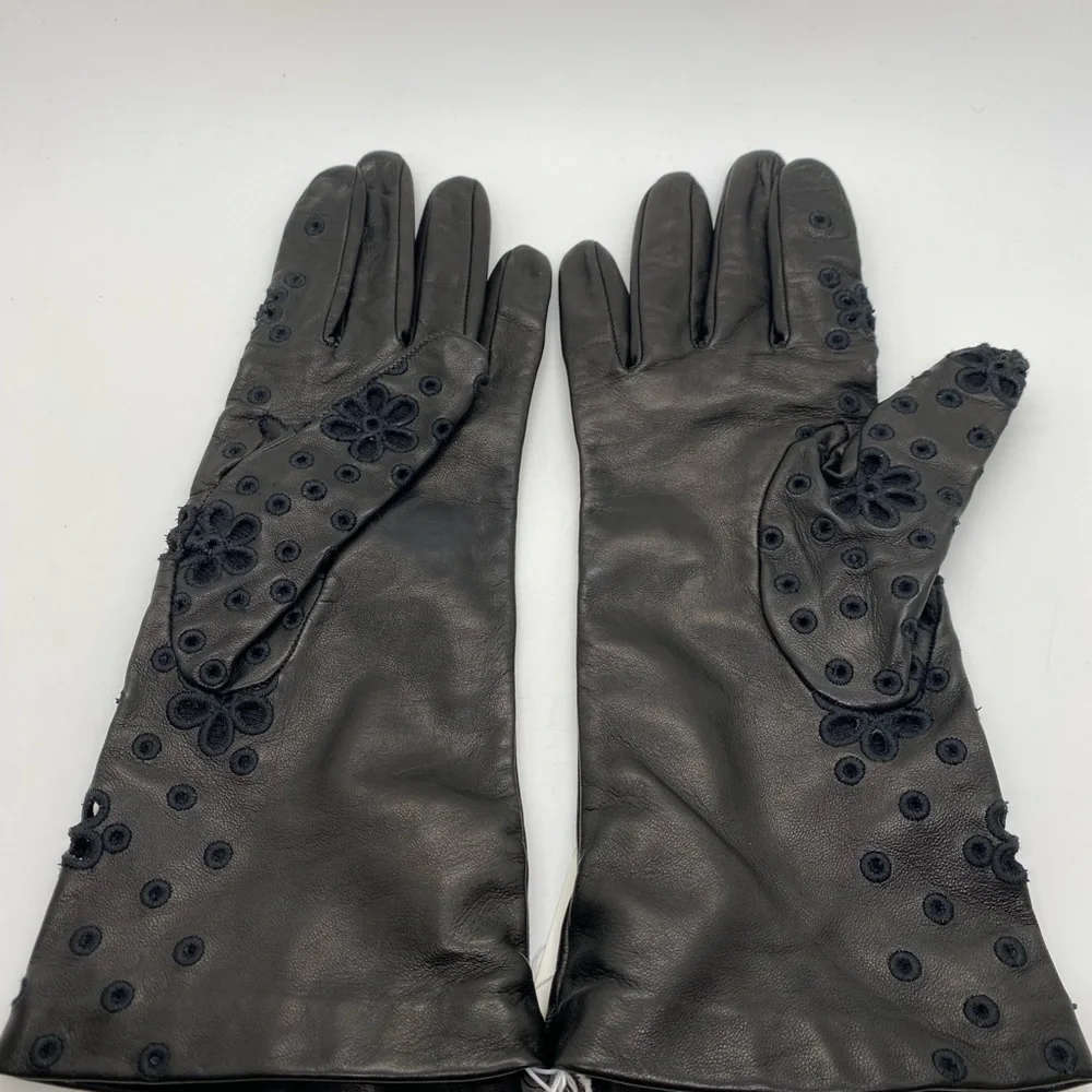 NWT Portolano Italian Leather Long Gloves Silk Lined Floral Detail Black Medium